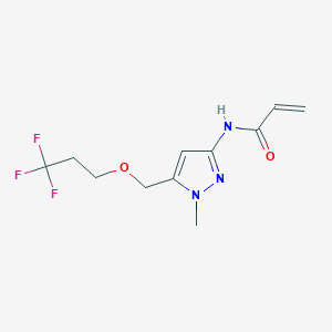 molecular formula C11H14F3N3O2 B2374110 N-[1-Methyl-5-(3,3,3-trifluoropropoxymethyl)pyrazol-3-yl]prop-2-enamide CAS No. 2305392-76-9