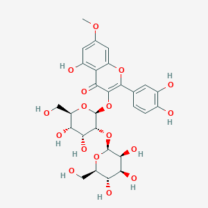 molecular formula C28H32O17 B237413 3-[(2S,3R,4R,5S,6R)-4,5-dihydroxy-6-(hydroxymethyl)-3-[(2S,3S,4S,5S,6R)-3,4,5-trihydroxy-6-(hydroxymethyl)oxan-2-yl]oxyoxan-2-yl]oxy-2-(3,4-dihydroxyphenyl)-5-hydroxy-7-methoxychromen-4-one CAS No. 137830-19-4