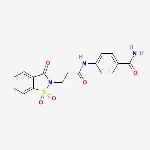 molecular formula C17H15N3O5S B2374137 4-(3-(1,1-二氧化-3-氧代苯并[d]异噻唑-2(3H)-基)丙酰胺基)苯甲酰胺 CAS No. 899996-49-7