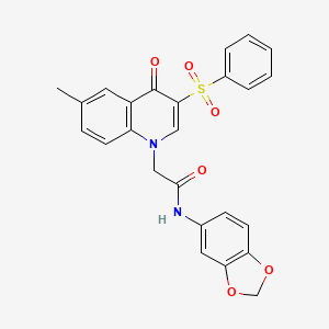 molecular formula C25H20N2O6S B2374166 2-[3-(benzenesulfonyl)-6-methyl-4-oxoquinolin-1-yl]-N-(1,3-benzodioxol-5-yl)acetamide CAS No. 866588-75-2