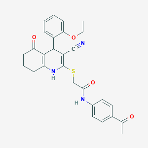 molecular formula C28H27N3O4S B2374206 N-(4-acetylphenyl)-2-{[3-cyano-4-(2-ethoxyphenyl)-5-hydroxy-4,6,7,8-tetrahydroquinolin-2-yl]sulfanyl}acetamide CAS No. 384355-70-8