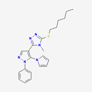 molecular formula C22H26N6S B2374277 hexyl 4-methyl-5-[1-phenyl-5-(1H-pyrrol-1-yl)-1H-pyrazol-4-yl]-4H-1,2,4-triazol-3-yl sulfide CAS No. 956741-83-6