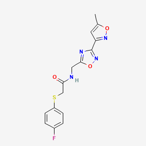 molecular formula C15H13FN4O3S B2374307 2-((4-氟苯基)硫代)-N-((3-(5-甲基异恶唑-3-基)-1,2,4-恶二唑-5-基)甲基)乙酰胺 CAS No. 2034420-26-1