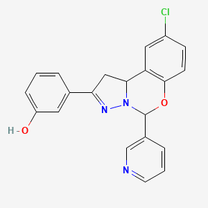 molecular formula C21H16ClN3O2 B2374320 3-(9-chloro-5-(pyridin-3-yl)-5,10b-dihydro-1H-benzo[e]pyrazolo[1,5-c][1,3]oxazin-2-yl)phenol CAS No. 941946-82-3