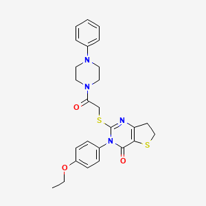 molecular formula C26H28N4O3S2 B2374335 3-(4-ethoxyphenyl)-2-((2-oxo-2-(4-phenylpiperazin-1-yl)ethyl)thio)-6,7-dihydrothieno[3,2-d]pyrimidin-4(3H)-one CAS No. 362501-91-5