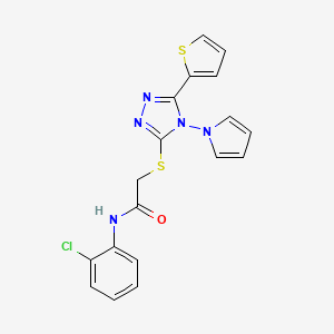 molecular formula C18H14ClN5OS2 B2374338 N-(2-chlorophenyl)-2-{[4-(1H-pyrrol-1-yl)-5-(thiophen-2-yl)-4H-1,2,4-triazol-3-yl]sulfanyl}acetamide CAS No. 886933-11-5