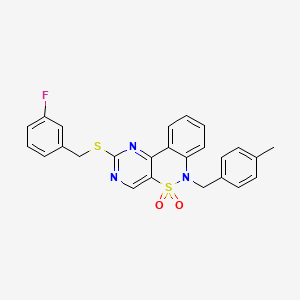 molecular formula C25H20FN3O2S2 B2374368 2-[(3-fluorobenzyl)sulfanyl]-6-(4-methylbenzyl)-6H-pyrimido[5,4-c][2,1]benzothiazine 5,5-dioxide CAS No. 1326889-93-3