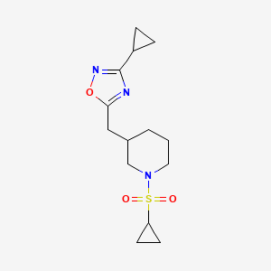 molecular formula C14H21N3O3S B2374416 3-Cyclopropyl-5-((1-(cyclopropylsulfonyl)piperidin-3-yl)methyl)-1,2,4-oxadiazole CAS No. 1705128-71-7