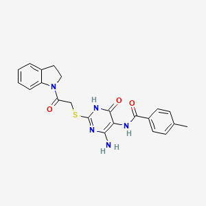 B2374478 N-(4-amino-2-((2-(indolin-1-yl)-2-oxoethyl)thio)-6-oxo-1,6-dihydropyrimidin-5-yl)-4-methylbenzamide CAS No. 872597-50-7