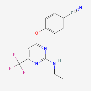 molecular formula C14H11F3N4O B2374490 4-{[2-(Ethylamino)-6-(trifluoromethyl)-4-pyrimidinyl]oxy}benzenecarbonitrile CAS No. 339011-18-6