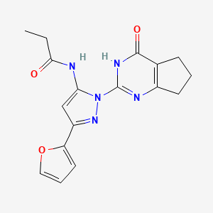 molecular formula C17H17N5O3 B2374530 N-(3-(furan-2-yl)-1-(4-oxo-4,5,6,7-tetrahydro-3H-cyclopenta[d]pyrimidin-2-yl)-1H-pyrazol-5-yl)propionamide CAS No. 1208706-24-4