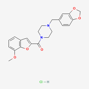 molecular formula C22H23ClN2O5 B2374561 (4-(苯并[d][1,3]二氧杂环戊烯-5-基甲基)哌嗪-1-基)(7-甲氧基苯并呋喃-2-基)甲酮盐酸盐 CAS No. 1179366-72-3