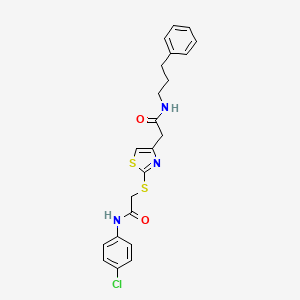 molecular formula C22H22ClN3O2S2 B2374592 N-(4-chlorophenyl)-2-((4-(2-oxo-2-((3-phenylpropyl)amino)ethyl)thiazol-2-yl)thio)acetamide CAS No. 954018-24-7