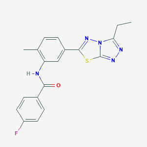 molecular formula C19H16FN5OS B237489 N-[5-(3-ethyl[1,2,4]triazolo[3,4-b][1,3,4]thiadiazol-6-yl)-2-methylphenyl]-4-fluorobenzamide 