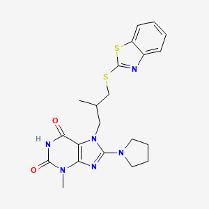 molecular formula C21H24N6O2S2 B2374968 7-[3-(1,3-Benzothiazol-2-ylsulfanyl)-2-methylpropyl]-3-methyl-8-pyrrolidin-1-ylpurine-2,6-dione CAS No. 714290-44-5