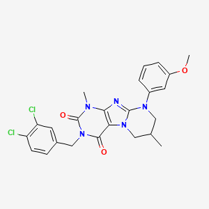 molecular formula C24H23Cl2N5O3 B2375099 3-[(3,4-dichlorophenyl)methyl]-9-(3-methoxyphenyl)-1,7-dimethyl-7,8-dihydro-6H-purino[7,8-a]pyrimidine-2,4-dione CAS No. 849018-66-2