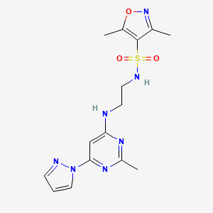 molecular formula C15H19N7O3S B2375172 3,5-dimethyl-N-(2-((2-methyl-6-(1H-pyrazol-1-yl)pyrimidin-4-yl)amino)ethyl)isoxazole-4-sulfonamide CAS No. 1170940-38-1