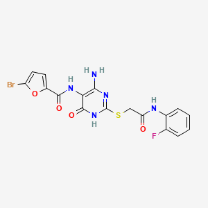 molecular formula C17H13BrFN5O4S B2375291 N-(4-amino-2-((2-((2-fluorophenyl)amino)-2-oxoethyl)thio)-6-oxo-1,6-dihydropyrimidin-5-yl)-5-bromofuran-2-carboxamide CAS No. 888427-85-8