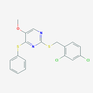 molecular formula C18H14Cl2N2OS2 B2375300 2-[(2,4-Dichlorobenzyl)sulfanyl]-5-methoxy-4-(phenylsulfanyl)pyrimidine CAS No. 338955-55-8