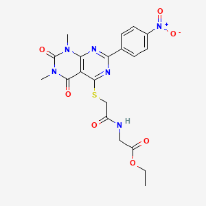 molecular formula C20H20N6O7S B2375302 Ethyl 2-(2-((6,8-dimethyl-2-(4-nitrophenyl)-5,7-dioxo-5,6,7,8-tetrahydropyrimido[4,5-d]pyrimidin-4-yl)thio)acetamido)acetate CAS No. 847190-55-0