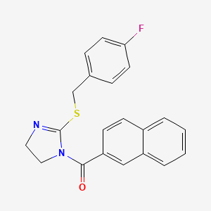 molecular formula C21H17FN2OS B2375463 [2-[(4-Fluorophenyl)methylsulfanyl]-4,5-dihydroimidazol-1-yl]-naphthalen-2-ylmethanone CAS No. 919709-53-8