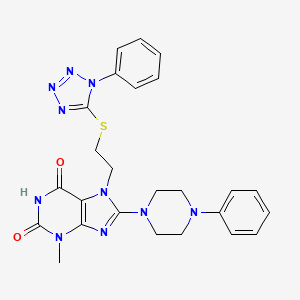 molecular formula C25H26N10O2S B2375496 3-methyl-7-(2-((1-phenyl-1H-tetrazol-5-yl)thio)ethyl)-8-(4-phenylpiperazin-1-yl)-1H-purine-2,6(3H,7H)-dione CAS No. 501352-33-6