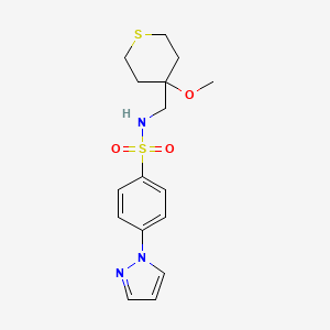 molecular formula C16H21N3O3S2 B2375511 N-((4-methoxytetrahydro-2H-thiopyran-4-yl)methyl)-4-(1H-pyrazol-1-yl)benzenesulfonamide CAS No. 2034400-25-2