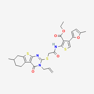 molecular formula C28H29N3O5S3 B2375513 Ethyl 4-(5-methylfuran-2-yl)-2-[[2-[(7-methyl-4-oxo-3-prop-2-enyl-5,6,7,8-tetrahydro-[1]benzothiolo[2,3-d]pyrimidin-2-yl)sulfanyl]acetyl]amino]thiophene-3-carboxylate CAS No. 750603-92-0