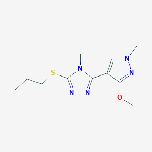 molecular formula C11H17N5OS B2375514 3-(3-methoxy-1-methyl-1H-pyrazol-4-yl)-4-methyl-5-(propylthio)-4H-1,2,4-triazole CAS No. 1014096-13-9
