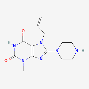 molecular formula C13H18N6O2 B2375596 3-Methyl-8-piperazin-1-yl-7-prop-2-enylpurine-2,6-dione CAS No. 313230-36-3
