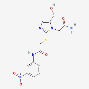 molecular formula C14H15N5O5S B2375664 2-((1-(2-氨基-2-氧乙基)-5-(羟甲基)-1H-咪唑-2-基)硫基)-N-(3-硝基苯基)乙酰胺 CAS No. 921885-84-9