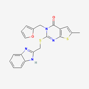 molecular formula C20H16N4O2S2 B2375668 2-(1H-苯并咪唑-2-基甲硫基)-3-(呋喃-2-基甲基)-6-甲基噻吩并[2,3-d]嘧啶-4-酮 CAS No. 876715-02-5