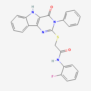 molecular formula C24H17FN4O2S B2375770 N-(2-fluorophenyl)-2-((4-oxo-3-phenyl-4,5-dihydro-3H-pyrimido[5,4-b]indol-2-yl)thio)acetamide CAS No. 536703-59-0