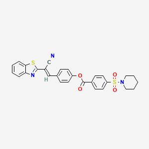 molecular formula C28H23N3O4S2 B2375853 (E)-4-(2-(苯并[d]噻唑-2-基)-2-氰基乙烯基)苯基 4-(哌啶-1-基磺酰基)苯甲酸酯 CAS No. 391896-79-0