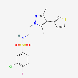 molecular formula C17H17ClFN3O2S2 B2375959 3-chloro-N-(2-(3,5-dimethyl-4-(thiophen-3-yl)-1H-pyrazol-1-yl)ethyl)-4-fluorobenzenesulfonamide CAS No. 2034326-89-9