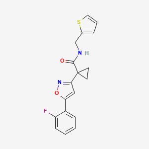 molecular formula C18H15FN2O2S B2375967 1-(5-(2-fluorophenyl)isoxazol-3-yl)-N-(thiophen-2-ylmethyl)cyclopropanecarboxamide CAS No. 1286705-63-2