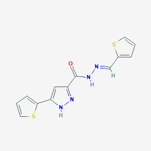 molecular formula C13H10N4OS2 B2375992 (E)-3-(thiophen-2-yl)-N'-(thiophen-2-ylmethylene)-1H-pyrazole-5-carbohydrazide CAS No. 1285536-80-2