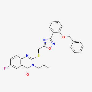 molecular formula C27H23FN4O3S B2375998 2-(((3-(2-(benzyloxy)phenyl)-1,2,4-oxadiazol-5-yl)methyl)thio)-6-fluoro-3-propylquinazolin-4(3H)-one CAS No. 2320268-35-5