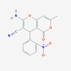 molecular formula C16H11N3O5 B2376047 2-amino-7-methyl-4-(2-nitrophenyl)-5-oxo-4H,5H-pyrano[4,3-b]pyran-3-carbonitrile CAS No. 315246-02-7