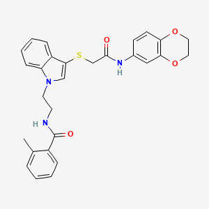 molecular formula C28H27N3O4S B2376118 N-(2-(3-((2-((2,3-dihydrobenzo[b][1,4]dioxin-6-yl)amino)-2-oxoethyl)thio)-1H-indol-1-yl)ethyl)-2-methylbenzamide CAS No. 532970-34-6