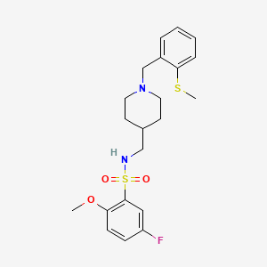 molecular formula C21H27FN2O3S2 B2376299 5-fluoro-2-methoxy-N-((1-(2-(methylthio)benzyl)piperidin-4-yl)methyl)benzenesulfonamide CAS No. 1235339-86-2