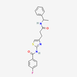 molecular formula C21H20FN3O2S B2376355 4-fluoro-N-(4-(3-oxo-3-((1-phenylethyl)amino)propyl)thiazol-2-yl)benzamide CAS No. 1021255-64-0