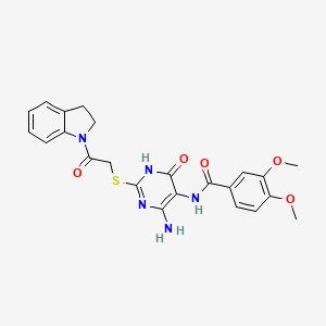 molecular formula C23H23N5O5S B2376367 N-(4-amino-2-((2-(indolin-1-yl)-2-oxoethyl)thio)-6-oxo-1,6-dihydropyrimidin-5-yl)-3,4-dimethoxybenzamide CAS No. 868226-90-8