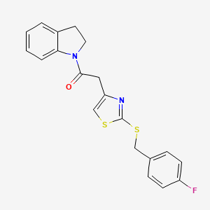 molecular formula C20H17FN2OS2 B2376449 2-(2-((4-Fluorobenzyl)thio)thiazol-4-yl)-1-(indolin-1-yl)ethanone CAS No. 942001-89-0
