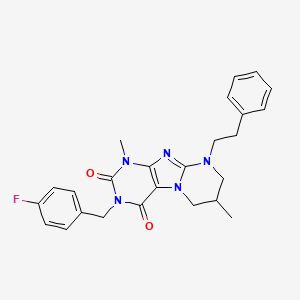 molecular formula C25H26FN5O2 B2376478 3-(4-fluorobenzyl)-1,7-dimethyl-9-phenethyl-6,7,8,9-tetrahydropyrimido[2,1-f]purine-2,4(1H,3H)-dione CAS No. 862488-40-2