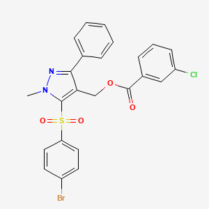 molecular formula C24H18BrClN2O4S B2376479 {5-[(4-bromophenyl)sulfonyl]-1-methyl-3-phenyl-1H-pyrazol-4-yl}methyl 3-chlorobenzenecarboxylate CAS No. 318289-16-6