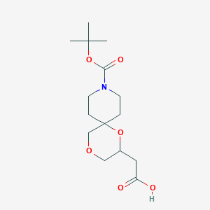 molecular formula C15H25NO6 B2376500 2-[9-[(2-Methylpropan-2-yl)oxycarbonyl]-1,4-dioxa-9-azaspiro[5.5]undecan-2-yl]acetic acid CAS No. 2172196-19-7