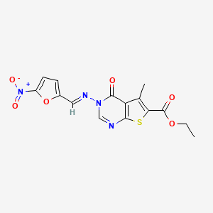 (E)-ethyl 5-methyl-3-(((5-nitrofuran-2-yl)methylene)amino)-4-oxo-3,4-dihydrothieno[2,3-d]pyrimidine-6-carboxylate