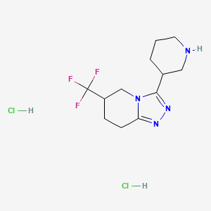 molecular formula C12H19Cl2F3N4 B2376604 3-Piperidin-3-yl-6-(trifluoromethyl)-5,6,7,8-tetrahydro-[1,2,4]triazolo[4,3-a]pyridine;dihydrochloride CAS No. 2137765-11-6
