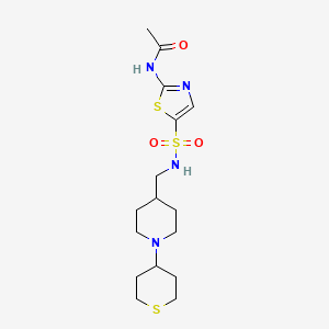 molecular formula C16H26N4O3S3 B2376606 N-(5-(N-((1-(tetrahydro-2H-thiopyran-4-yl)piperidin-4-yl)methyl)sulfamoyl)thiazol-2-yl)acetamide CAS No. 2034617-82-6
